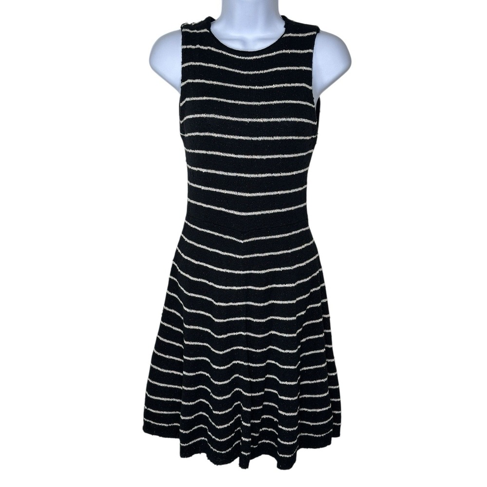 ALICE AND OLIVIA Black White Striped Knit Dress Metallic Gold SMALL Skater